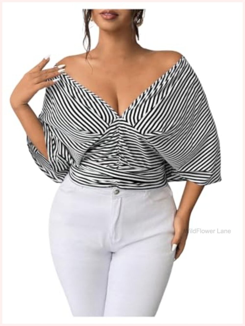 Plus Size Striped Off Shoulder Ruched Blouse, Polyester Blend, Long Sleeve